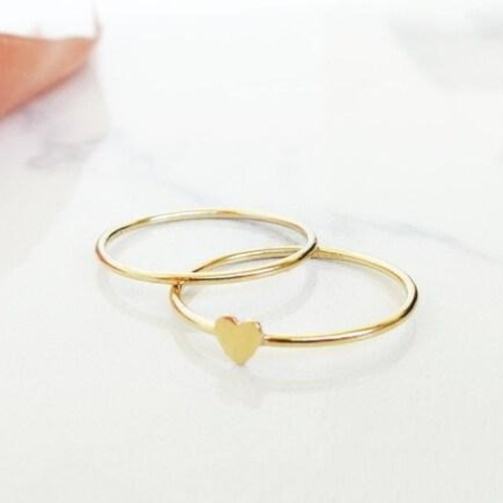 14K Gold Filled Heart Ring & Minimalist Stacking Rings, Set of 2 Dainty Rings